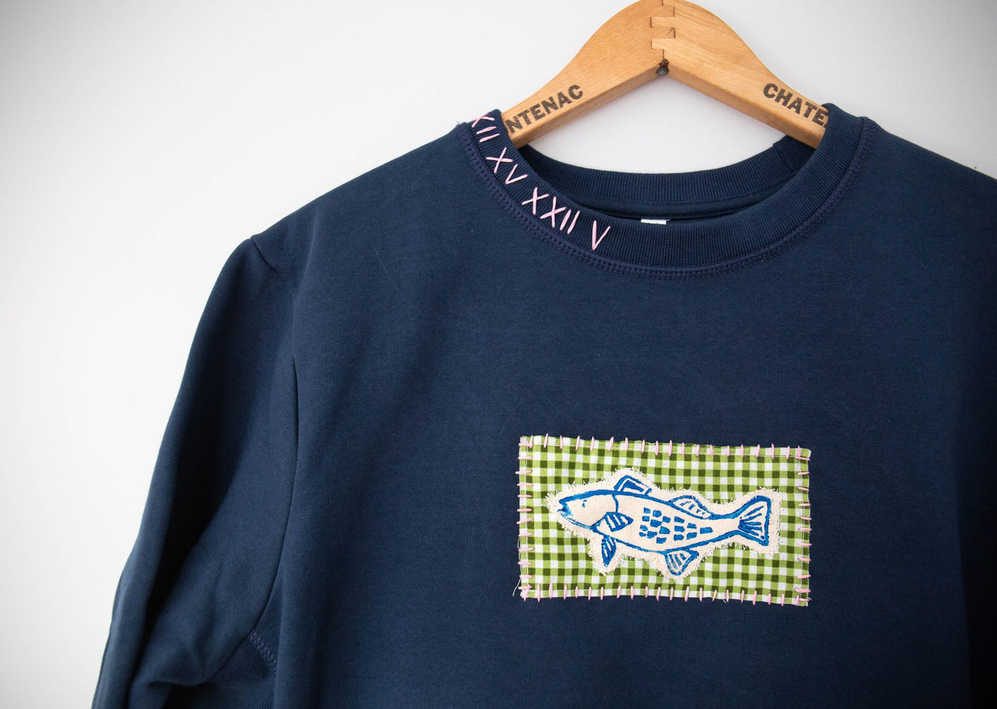 Fish Crewneck, Navy Gingham - PREORDER 4/19