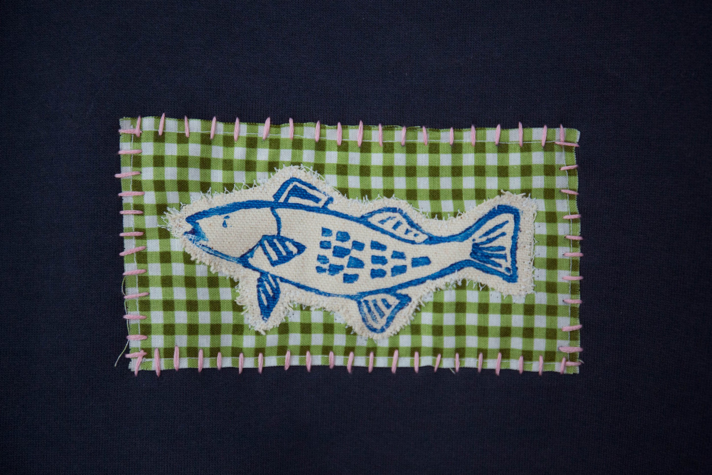 Fish Crewneck, Navy Gingham - PREORDER 4/19