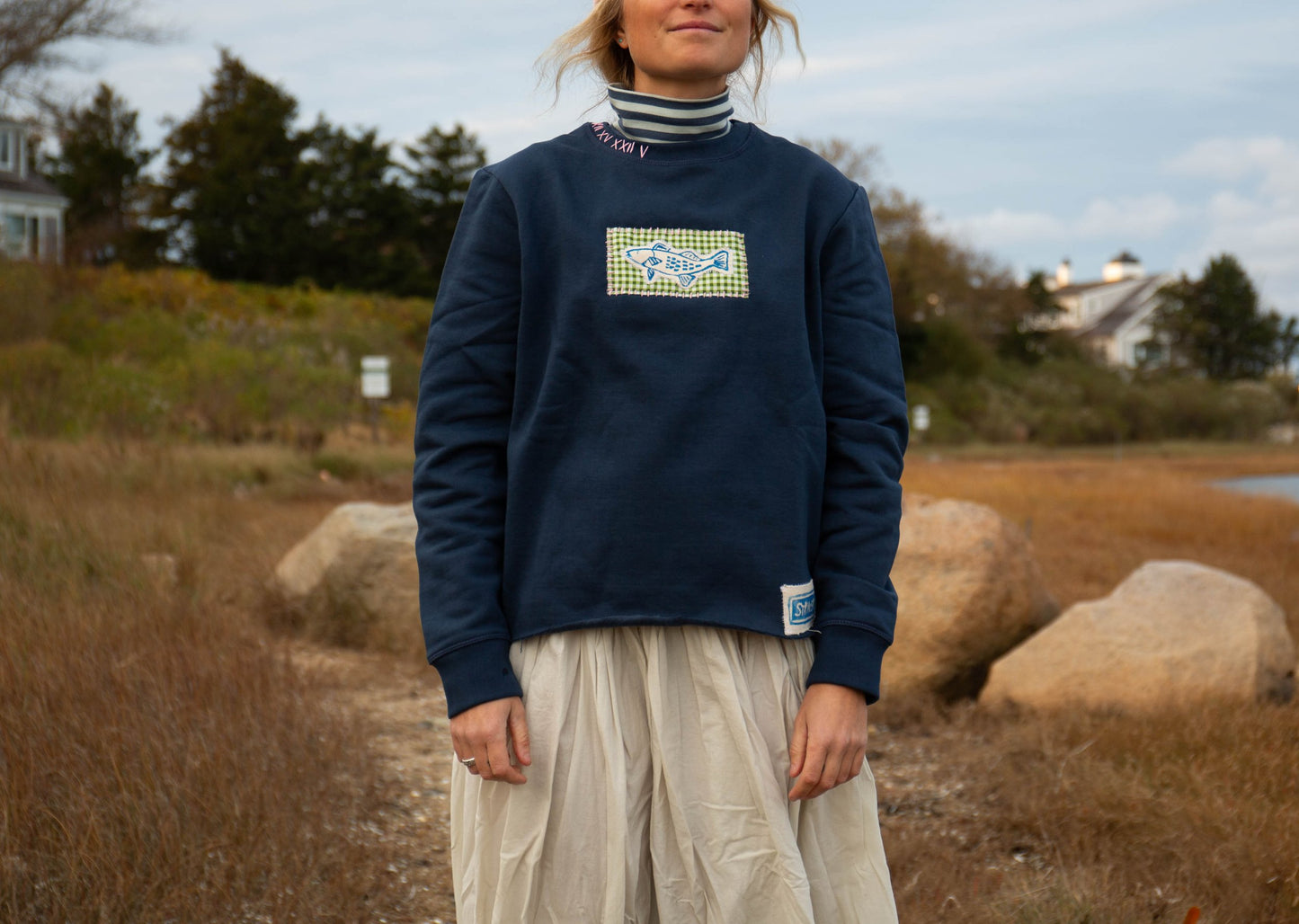 Fish Crewneck, Navy Gingham - PREORDER 4/19