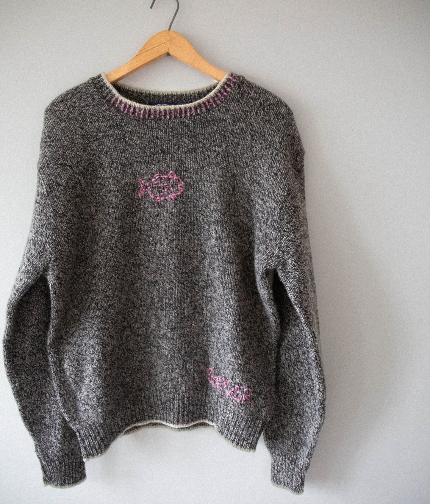 Heather Grey and Pink Wool Fish Sweater, XL