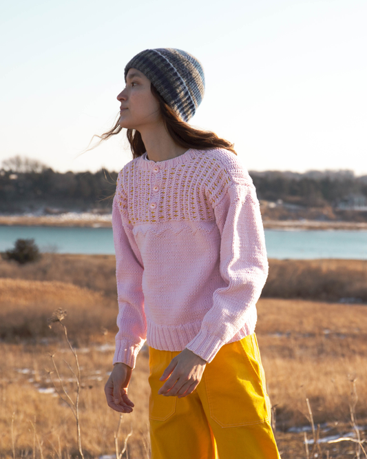 Hand-Knit Pink Cotton Knit Sweater, S