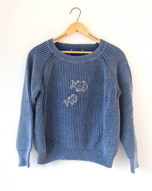 Navy Boatneck Embroidered Knit Sweater, S