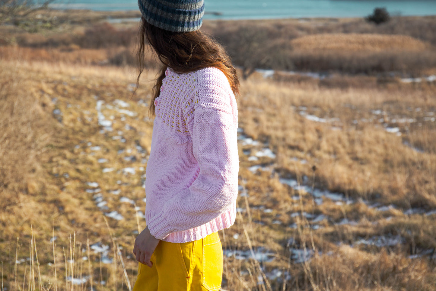 Hand-Knit Pink Cotton Knit Sweater, S