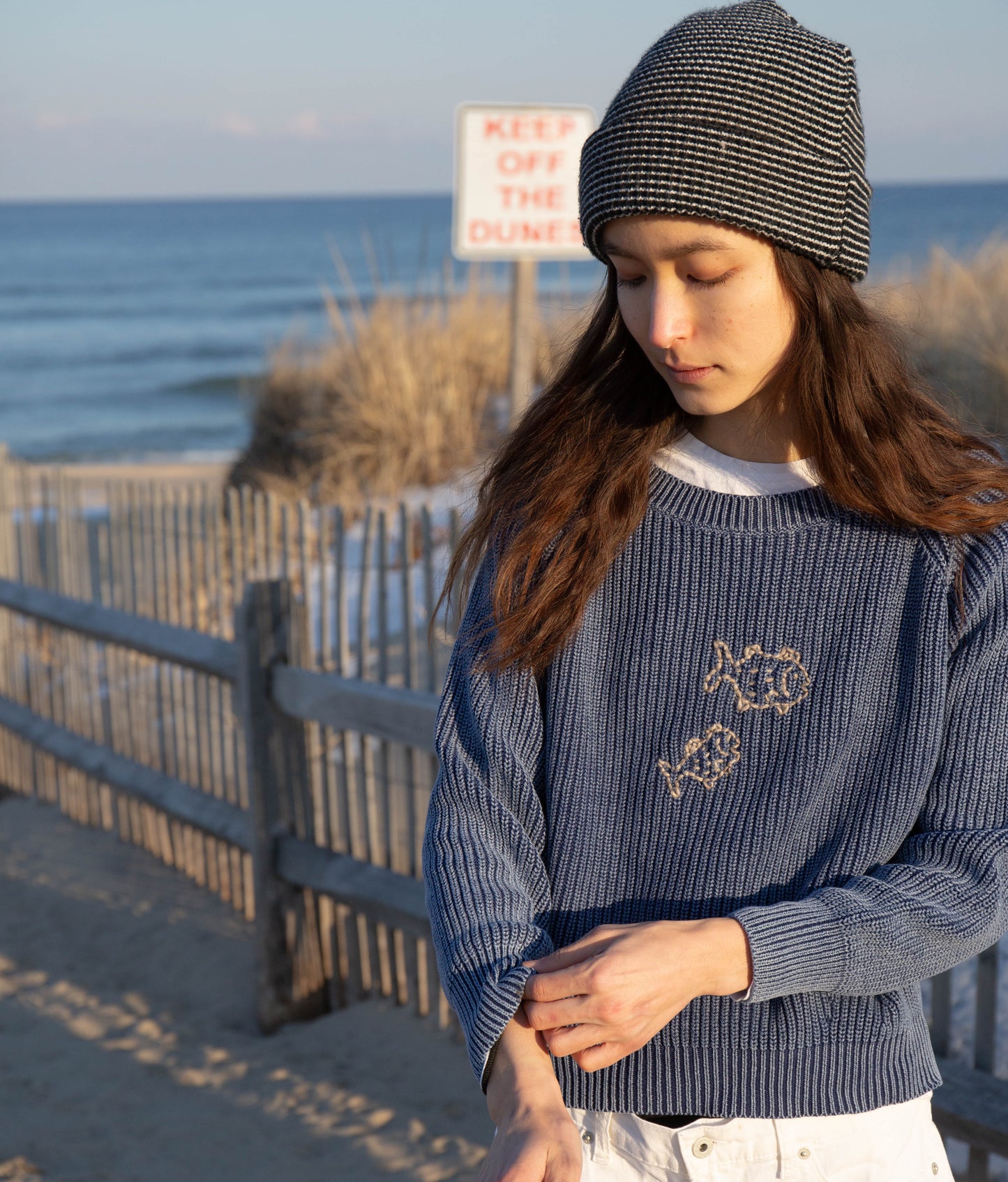 Navy Boatneck Embroidered Knit Sweater, S