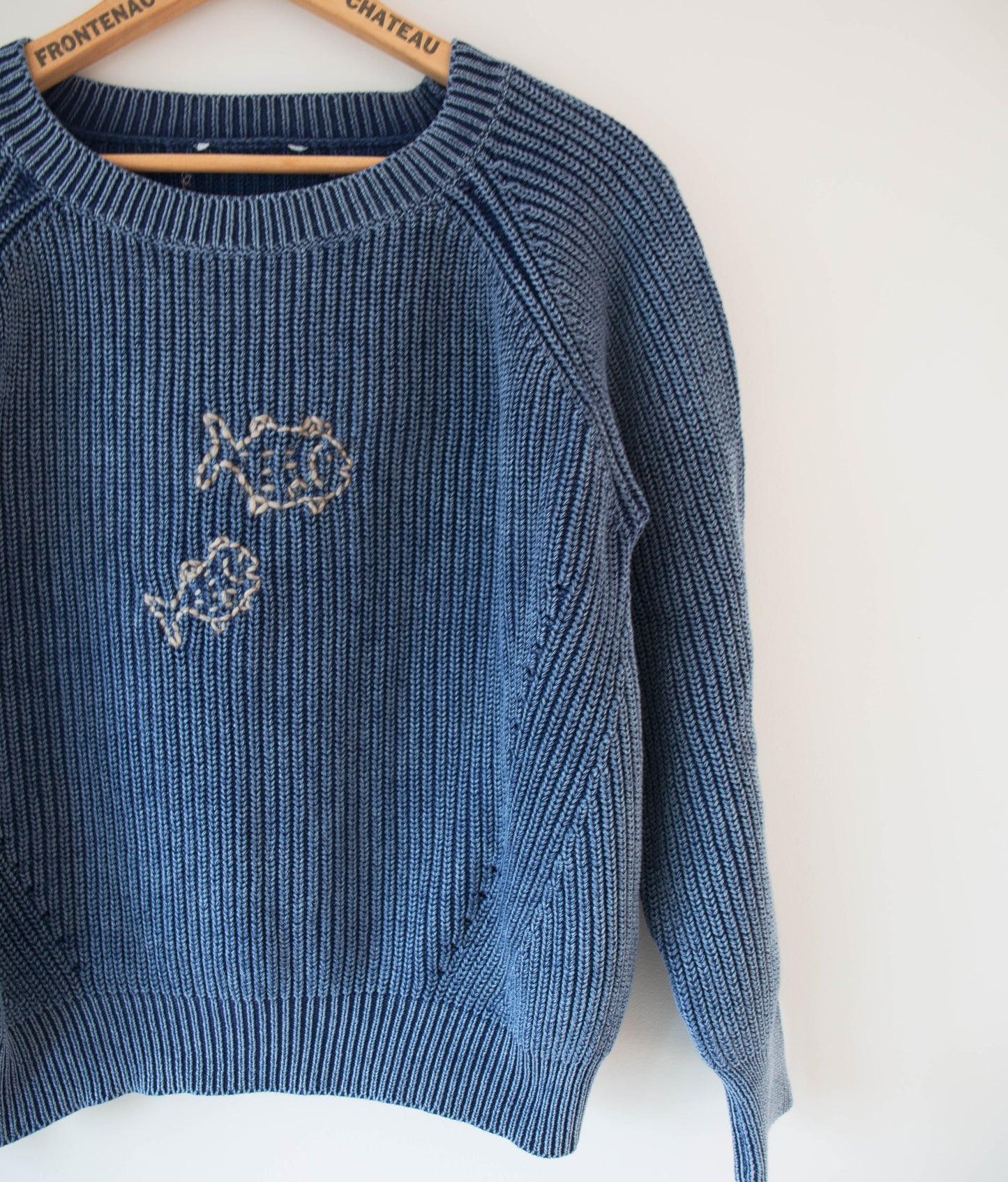 Navy Boatneck Embroidered Knit Sweater, S