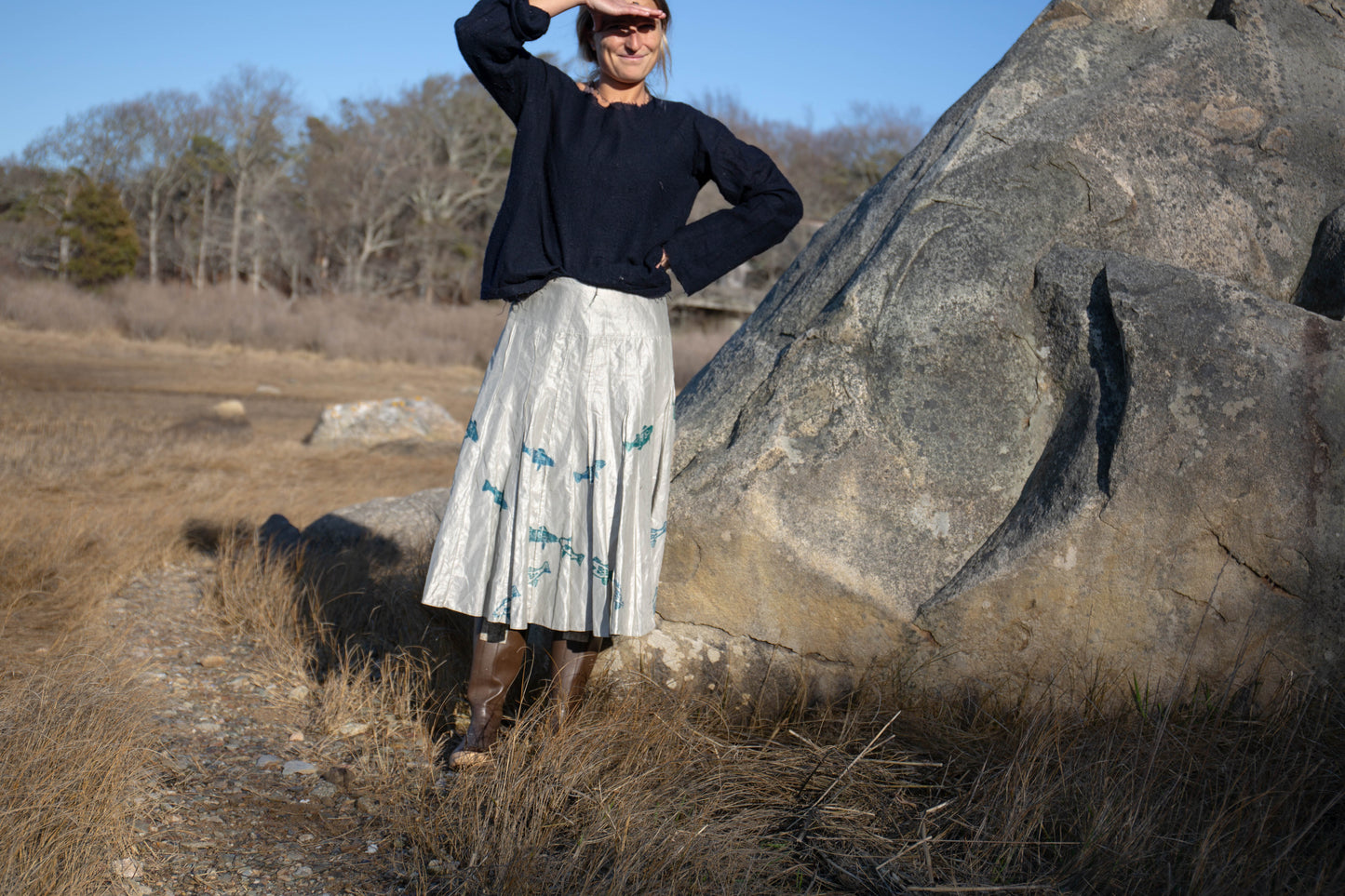 Silver Pleated Drop-Waist Fish Skirt, 6