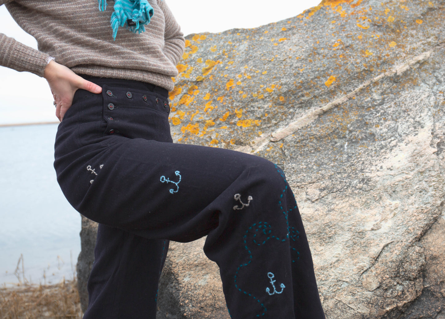 Vintage Navy Wool Sailor Pants w/ Wave Stitching, 26"