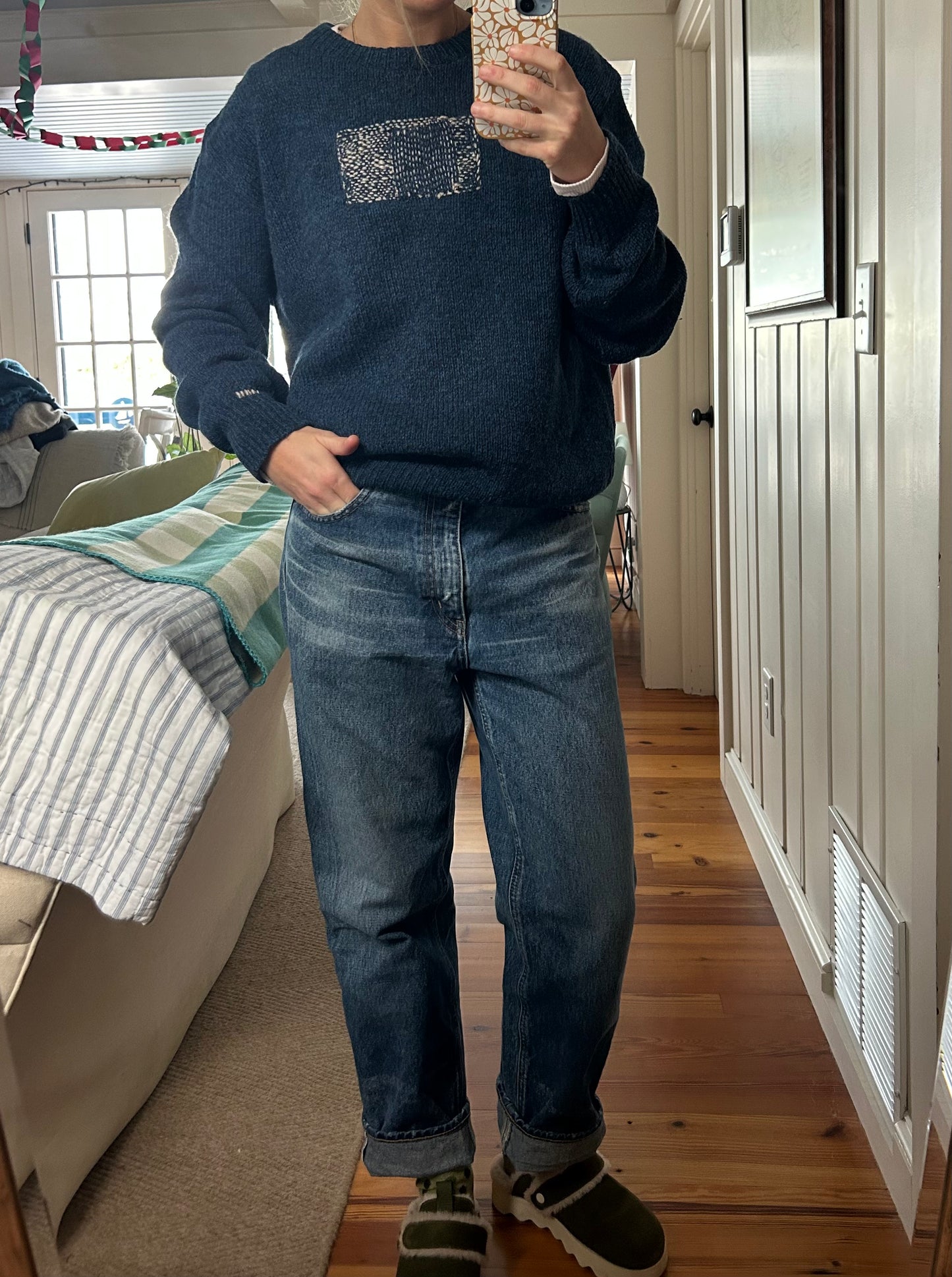 Woven Rectangle Navy Wool Sweater, XL