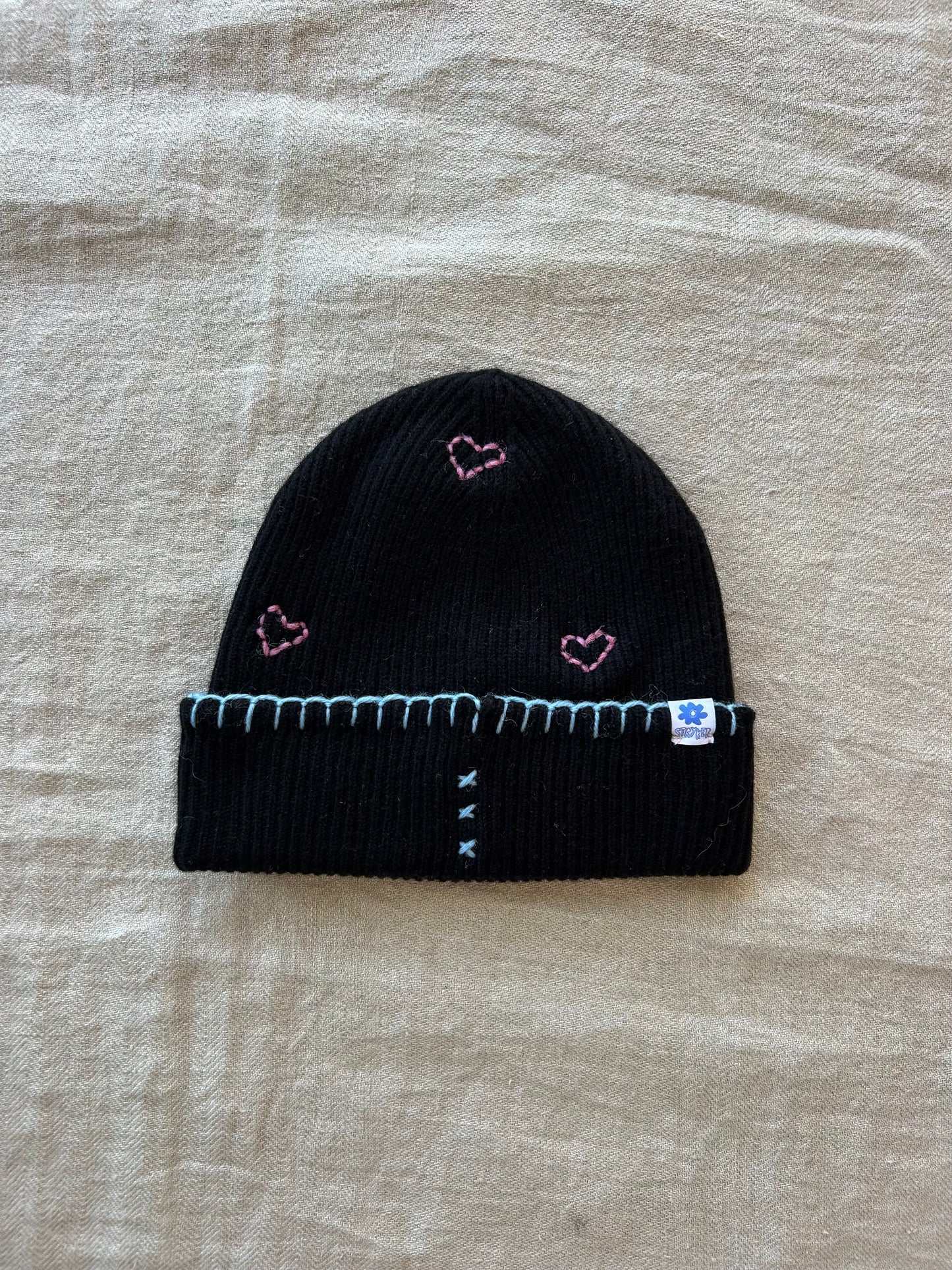 One-Of-A-Kind Heart Beanie, Black/Pink/Blue
