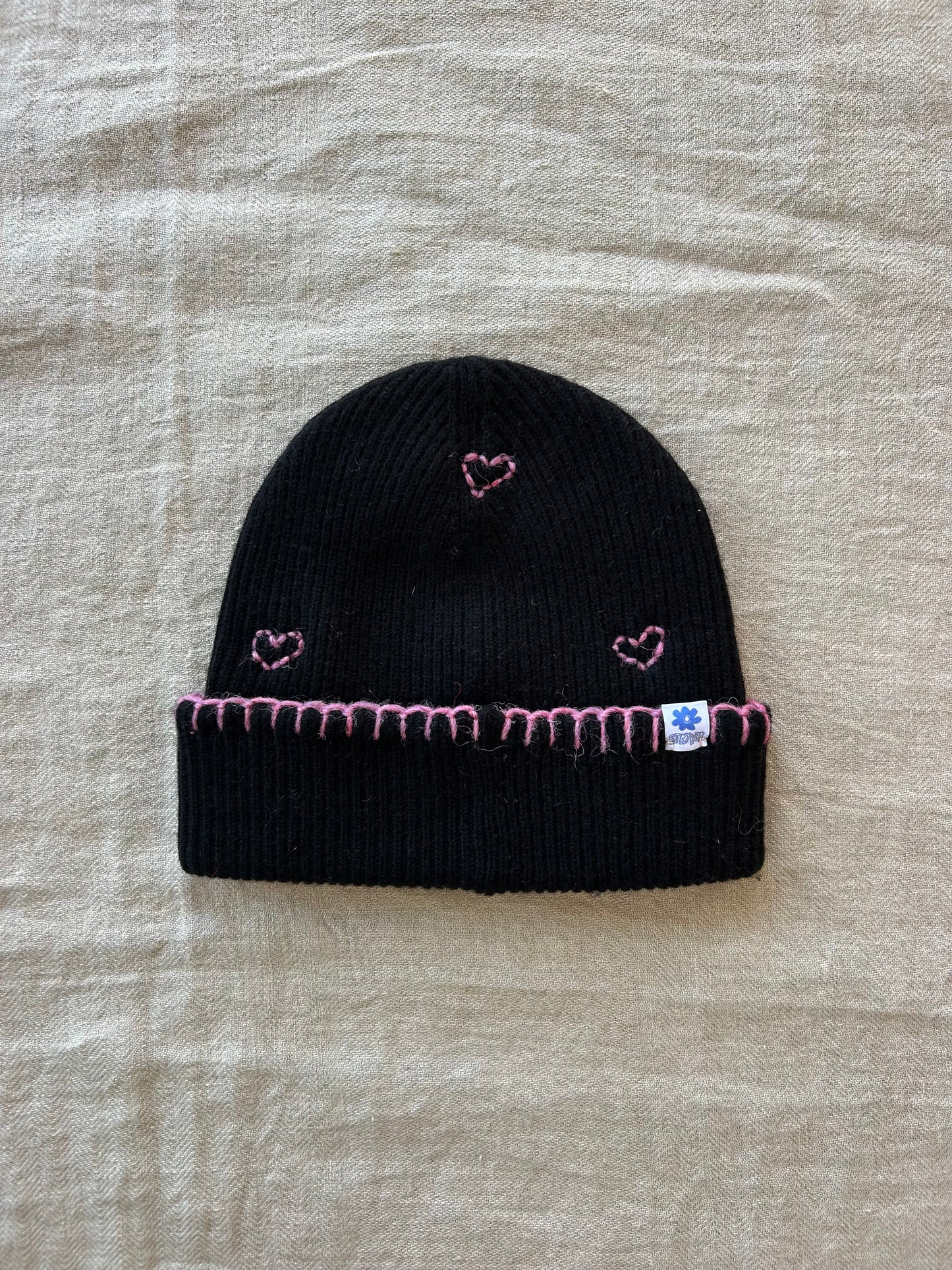 Wool + Cashmere Heart Beanie, Black/Pink