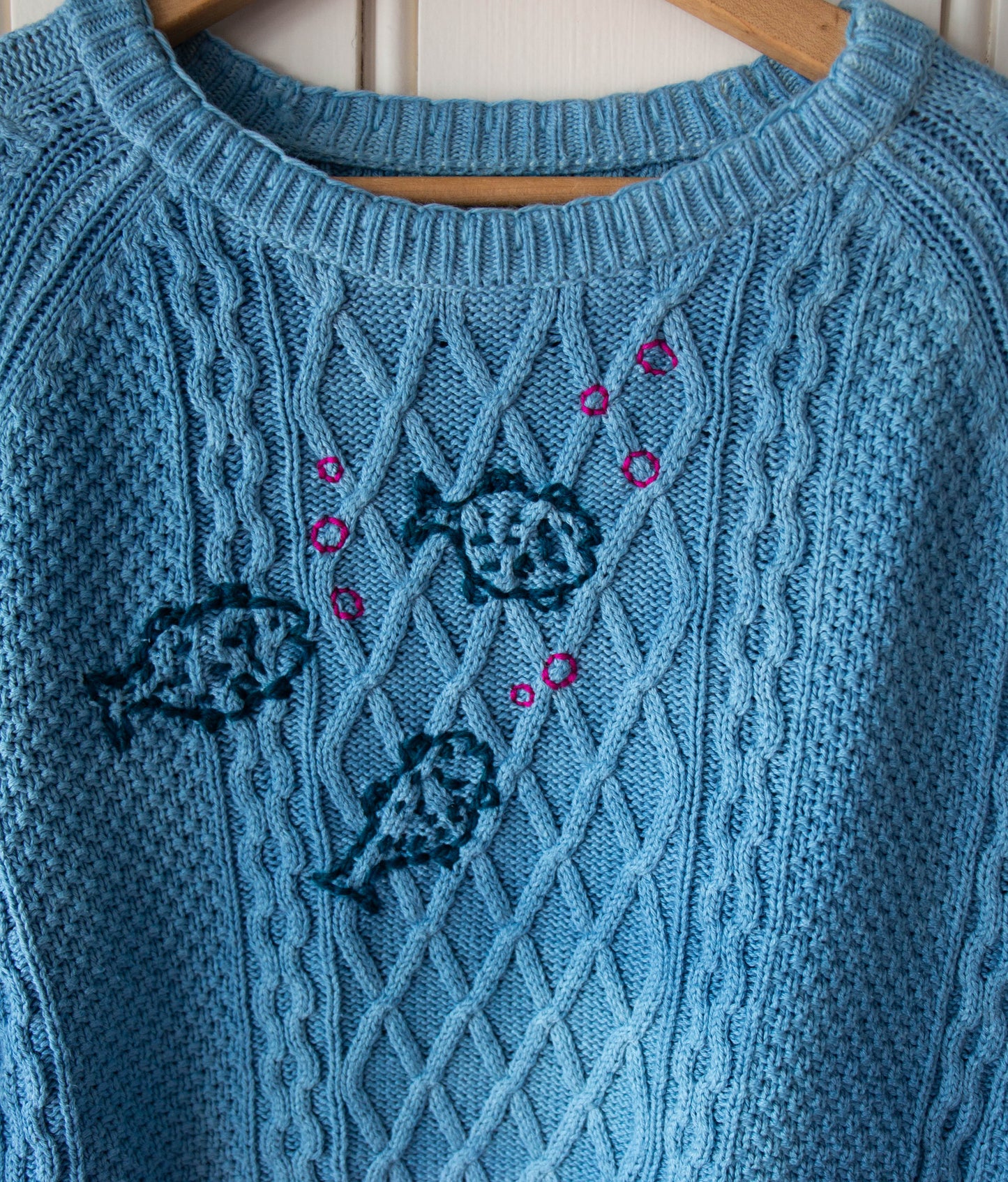 Indigo Dyed Cotton Cableneck Fish Sweater, Large