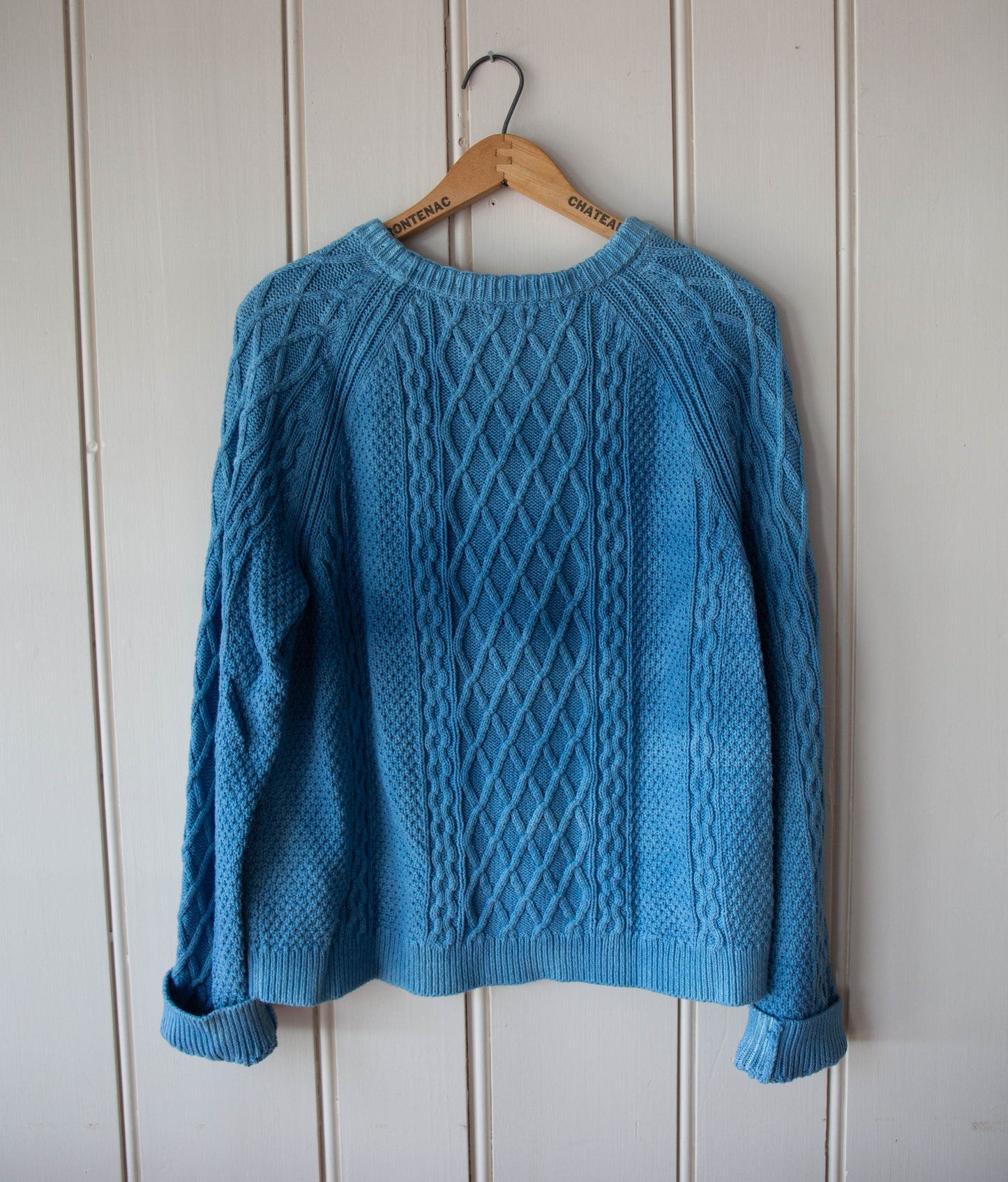 Indigo Dyed Cotton Cableneck Fish Sweater, Large