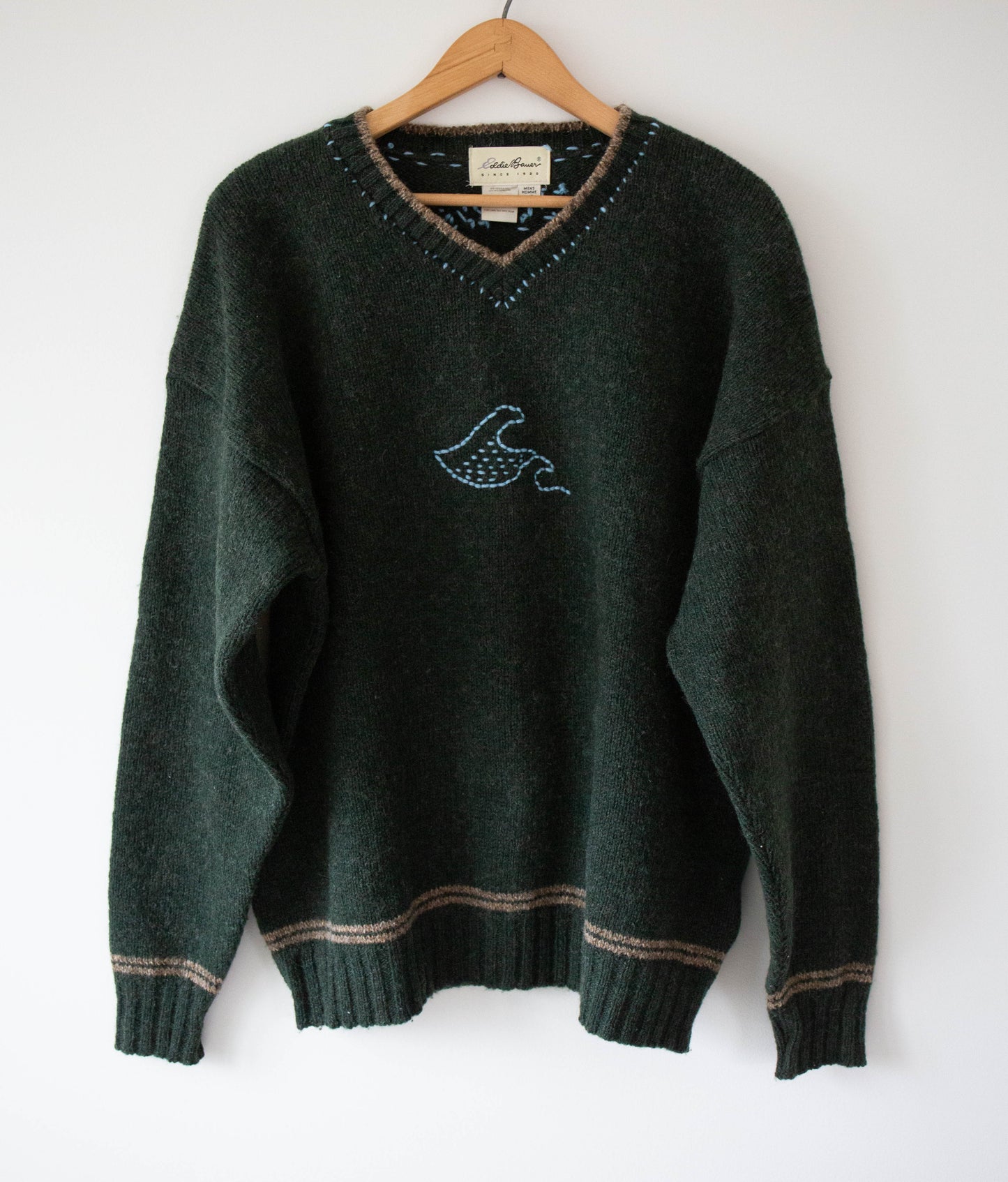 Hand-Stitched Wave Wool Sweater, Large