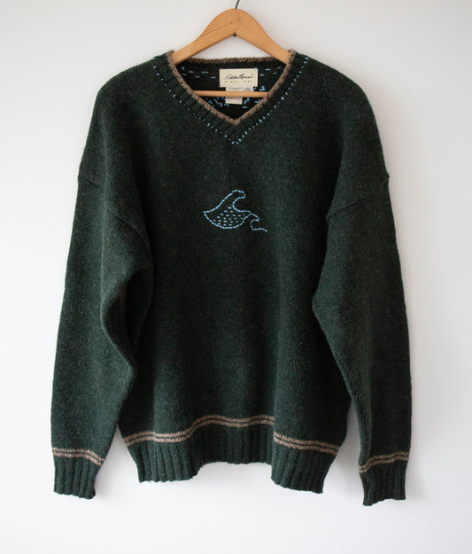 Hand-Stitched Wave Wool Sweater, Large
