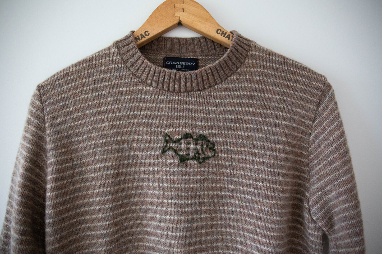 Natural Brown Striped Wool Fish Sweater, Small
