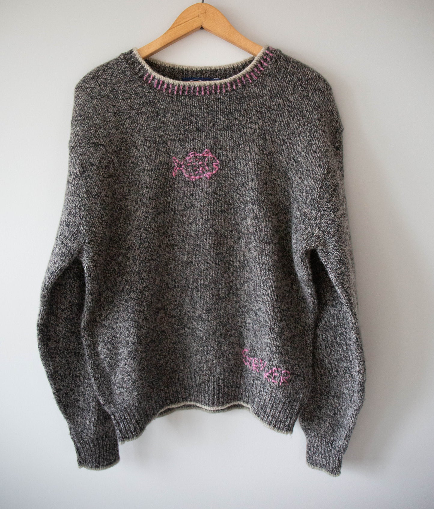 Heather Grey and Pink Wool Fish Sweater, XL