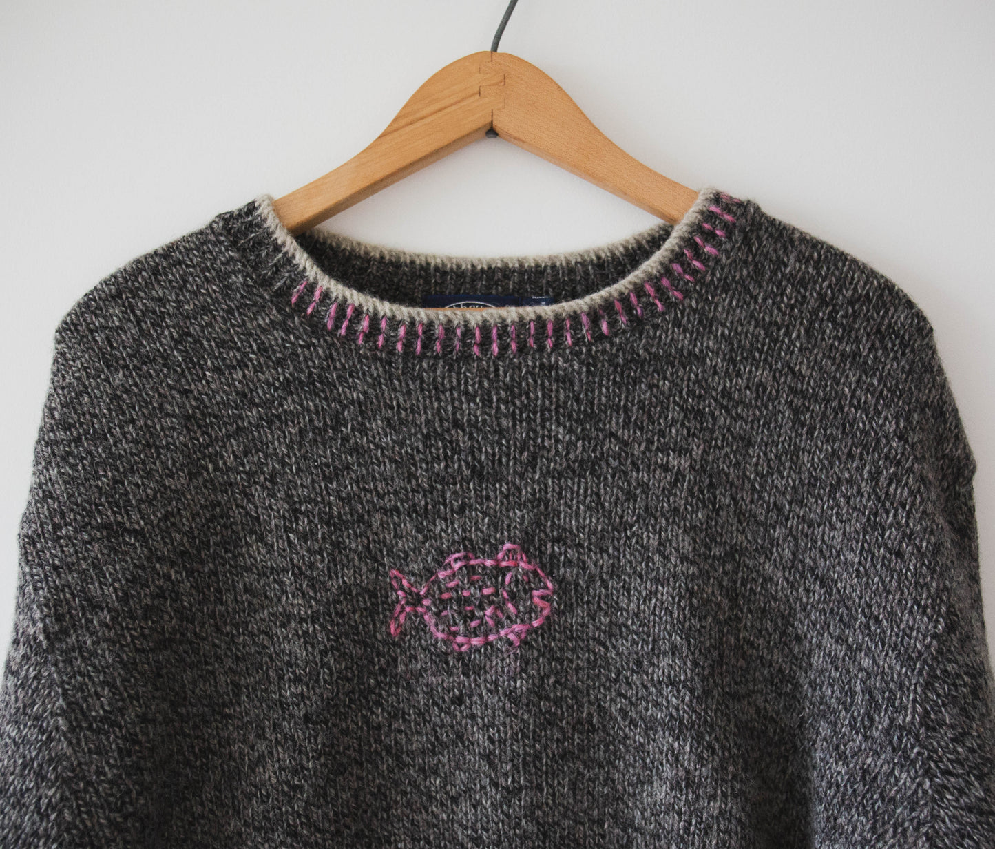 Heather Grey and Pink Wool Fish Sweater, XL