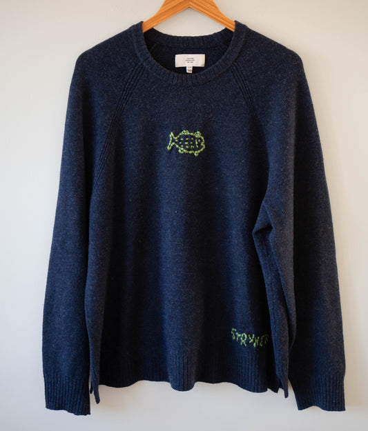 Navy/Green Wool + Cotton Fish Sweater, XL