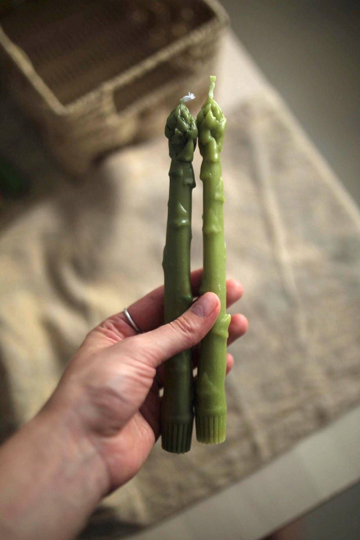 Asparagus Beeswax Taper Candles, Set of 2