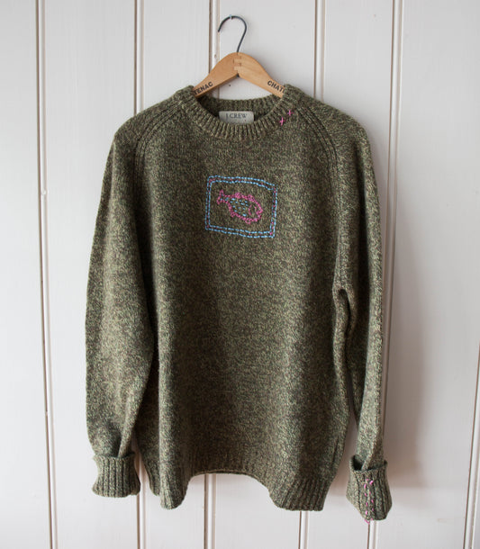 Heather Green Wool Fish Sweater, L