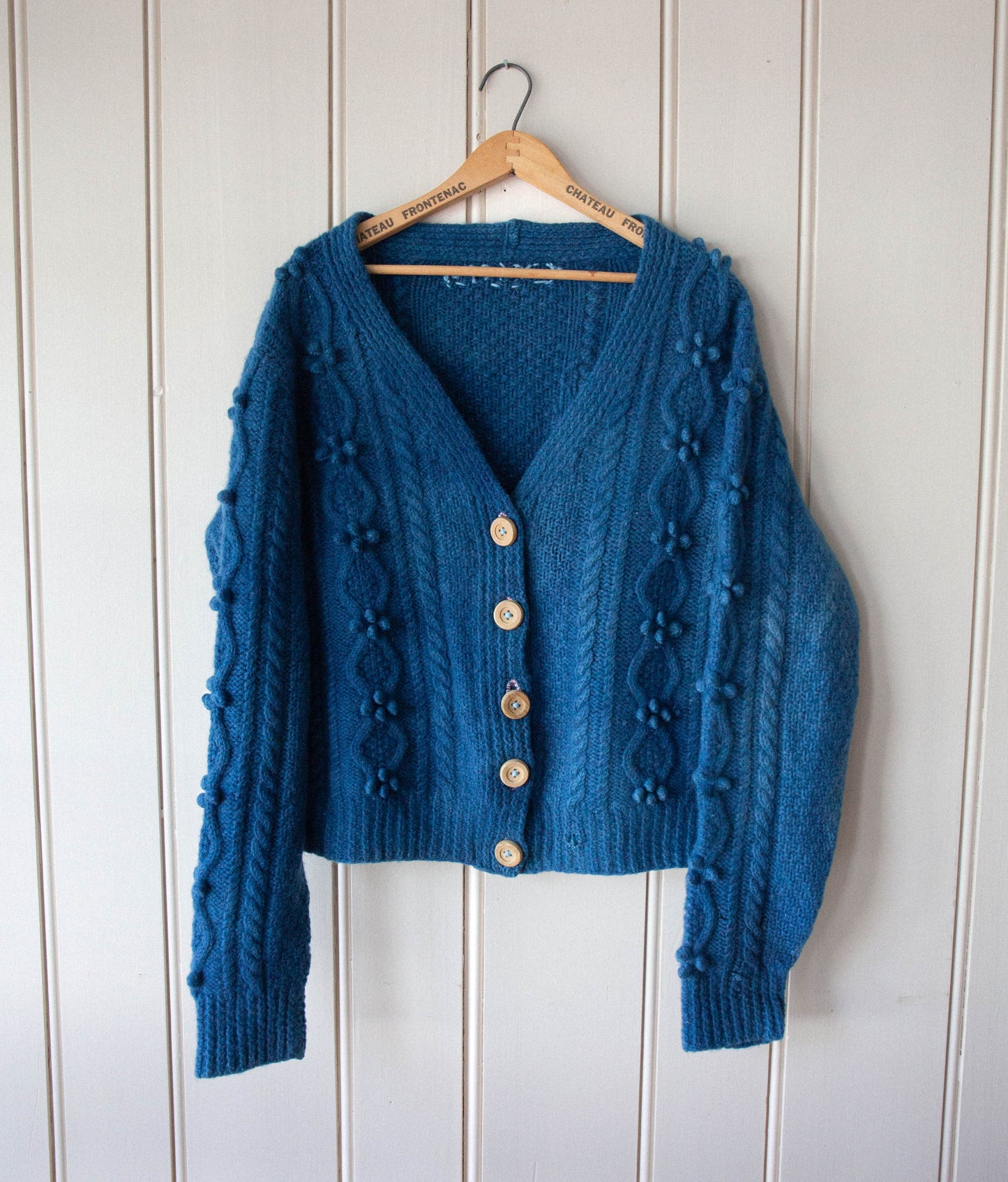 Handknit Indigo Wool Cardigan with Wooden Buttons, L/XL