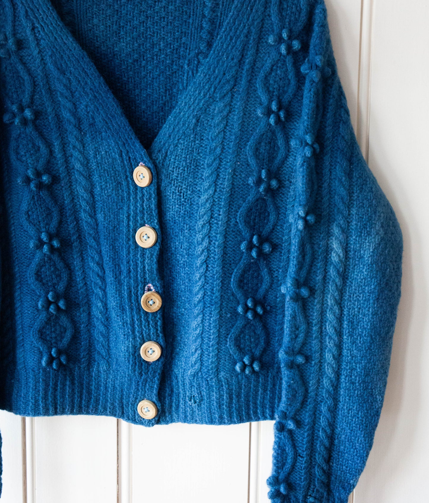 Handknit Indigo Wool Cardigan with Wooden Buttons, L/XL