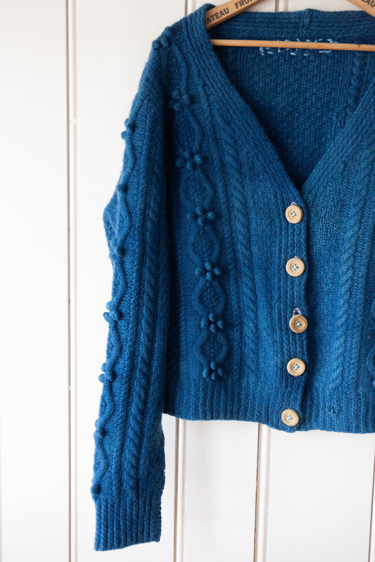 Handknit Indigo Wool Cardigan with Wooden Buttons, L/XL