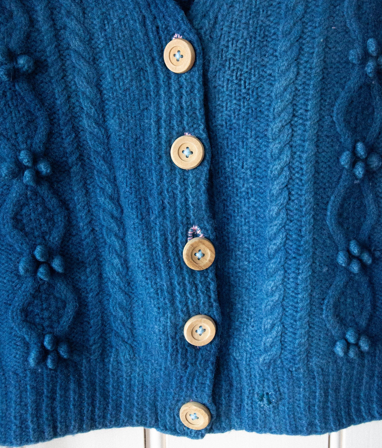Handknit Indigo Wool Cardigan with Wooden Buttons, L/XL