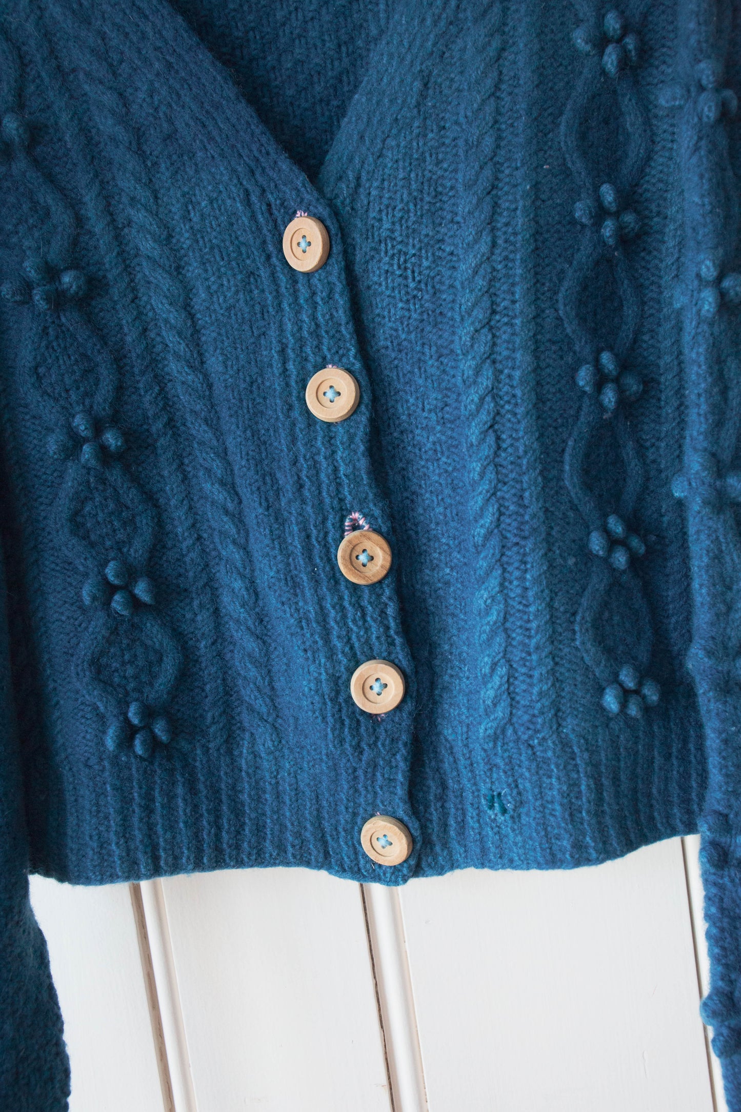 Handknit Indigo Wool Cardigan with Wooden Buttons, L/XL