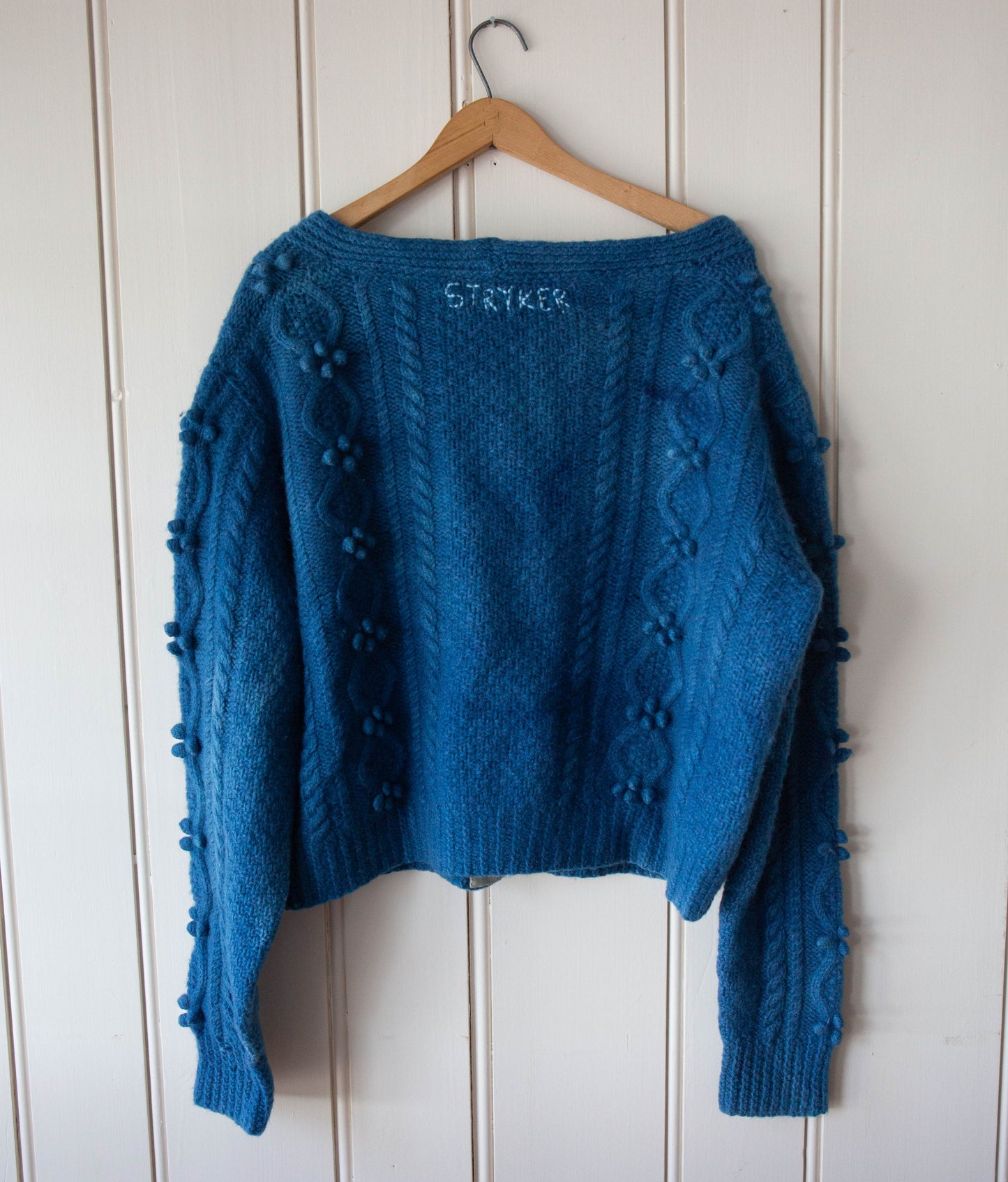 Handknit Indigo Wool Cardigan with Wooden Buttons, L/XL