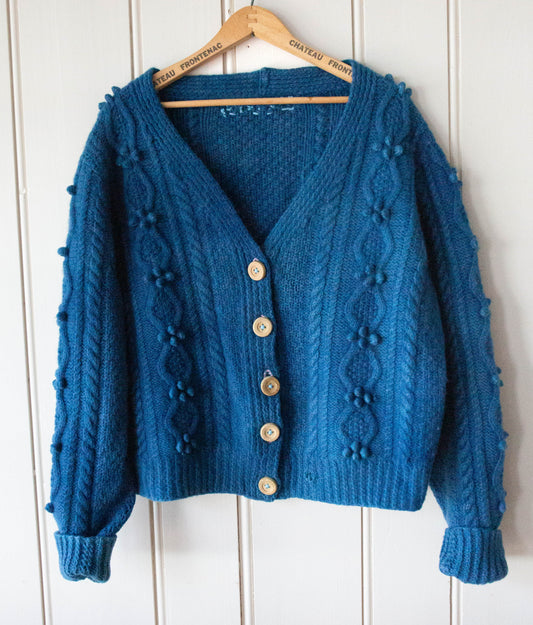 Handknit Indigo Wool Cardigan with Wooden Buttons, L/XL