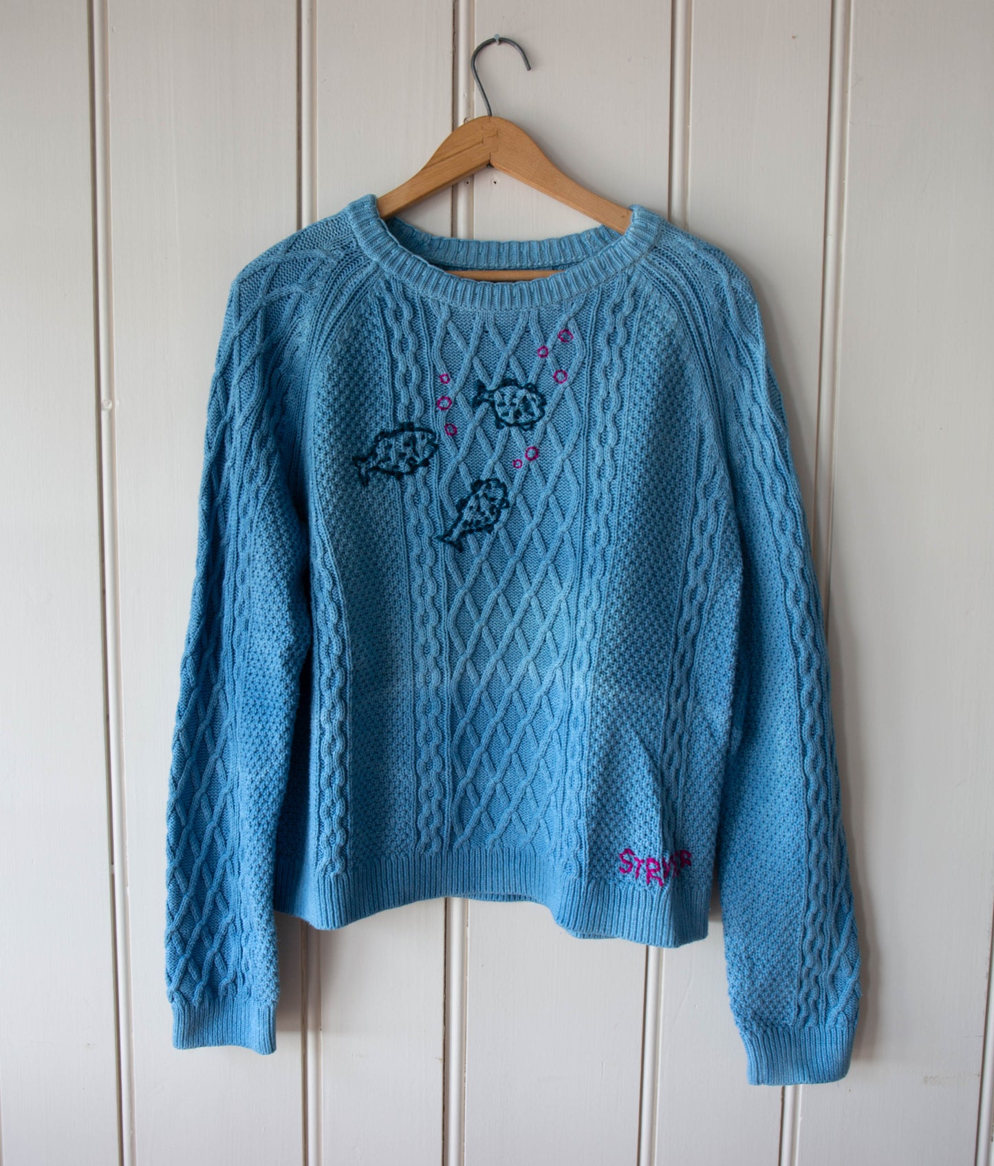 Indigo Dyed Cotton Cableneck Fish Sweater, Large