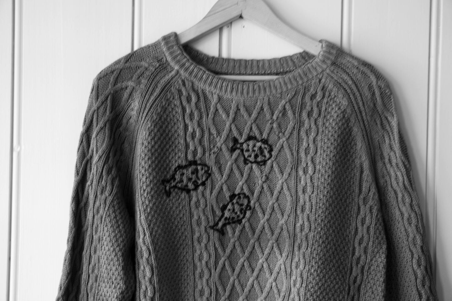 Indigo Dyed Cotton Cableneck Fish Sweater, Large