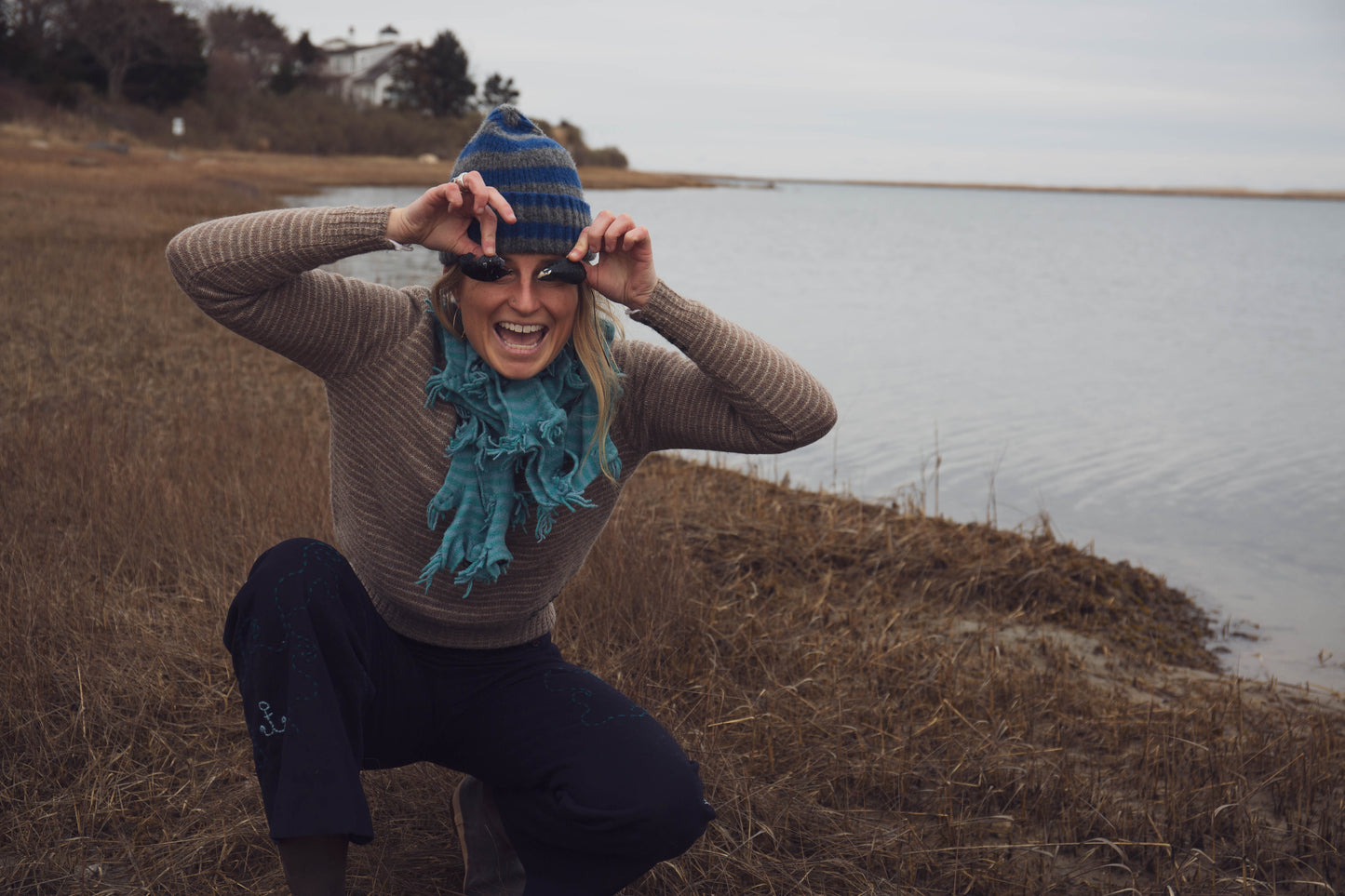 Natural Brown Striped Wool Fish Sweater, Small