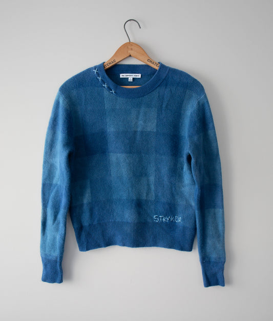 Indigo Dyed Plaid Cashmere Sweater, Small