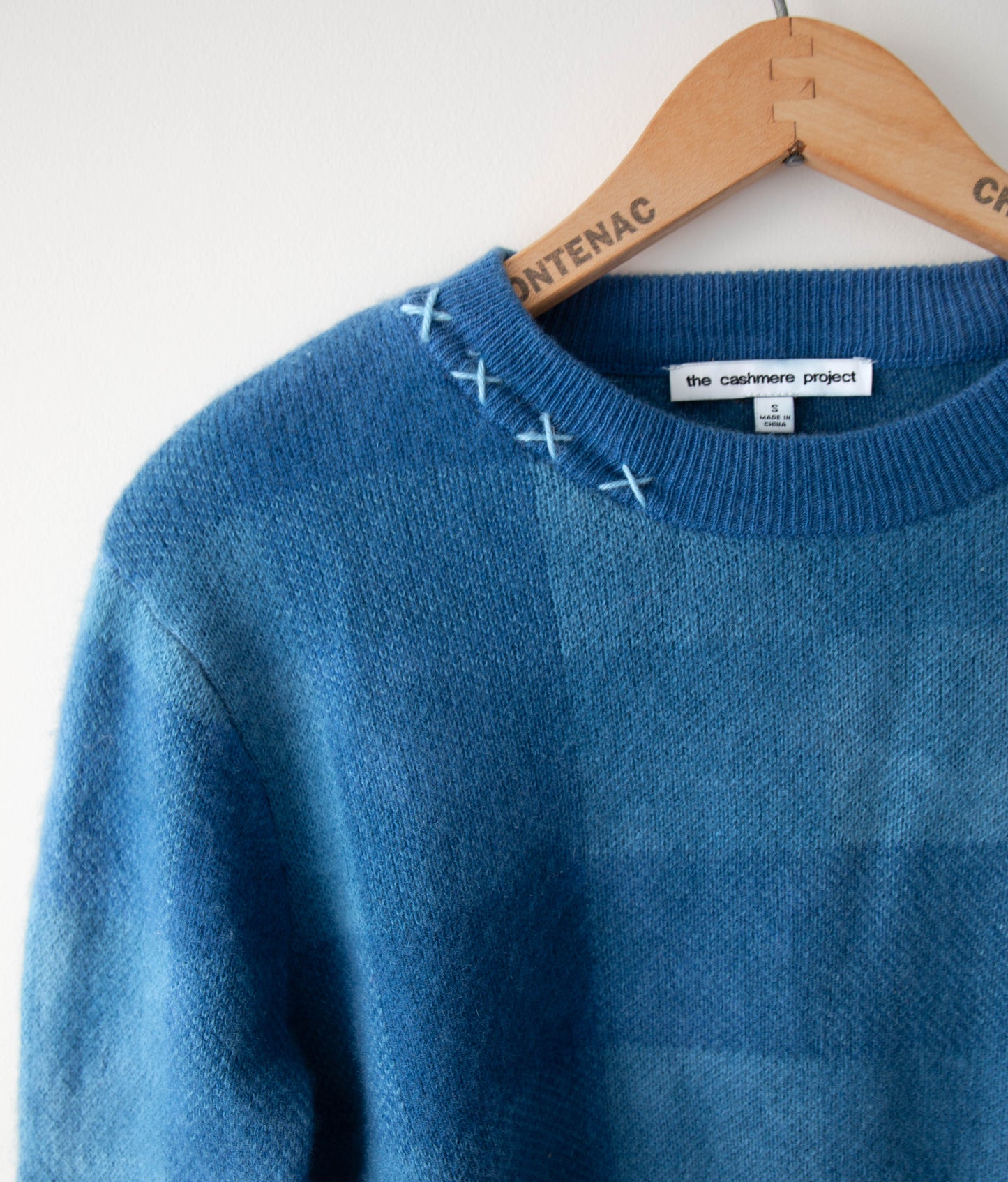 Indigo Dyed Plaid Cashmere Sweater, Small