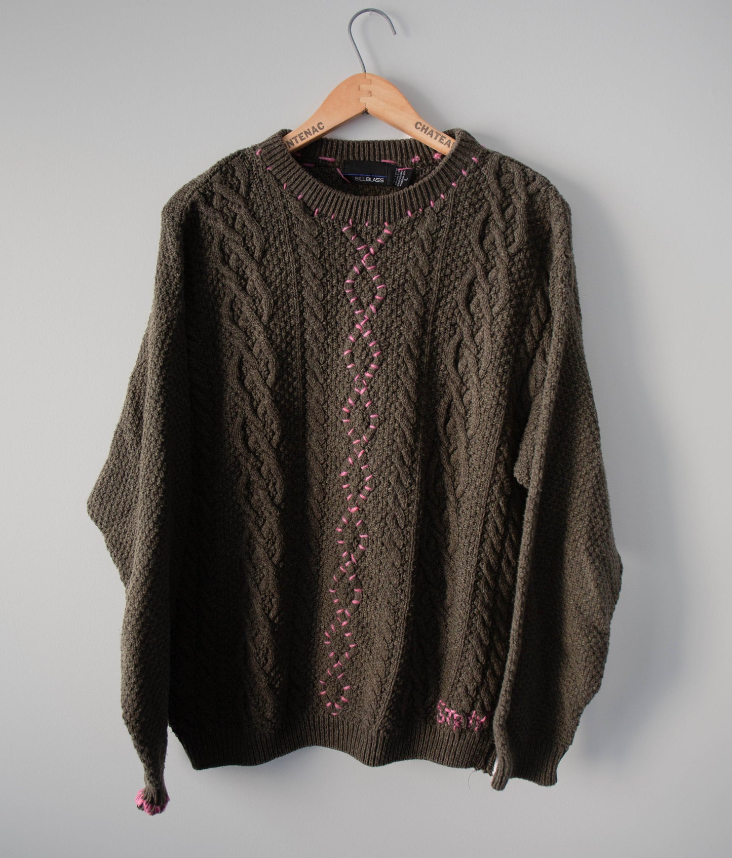 Pink Stitched Cotton Cableknit Crew Sweater, Large