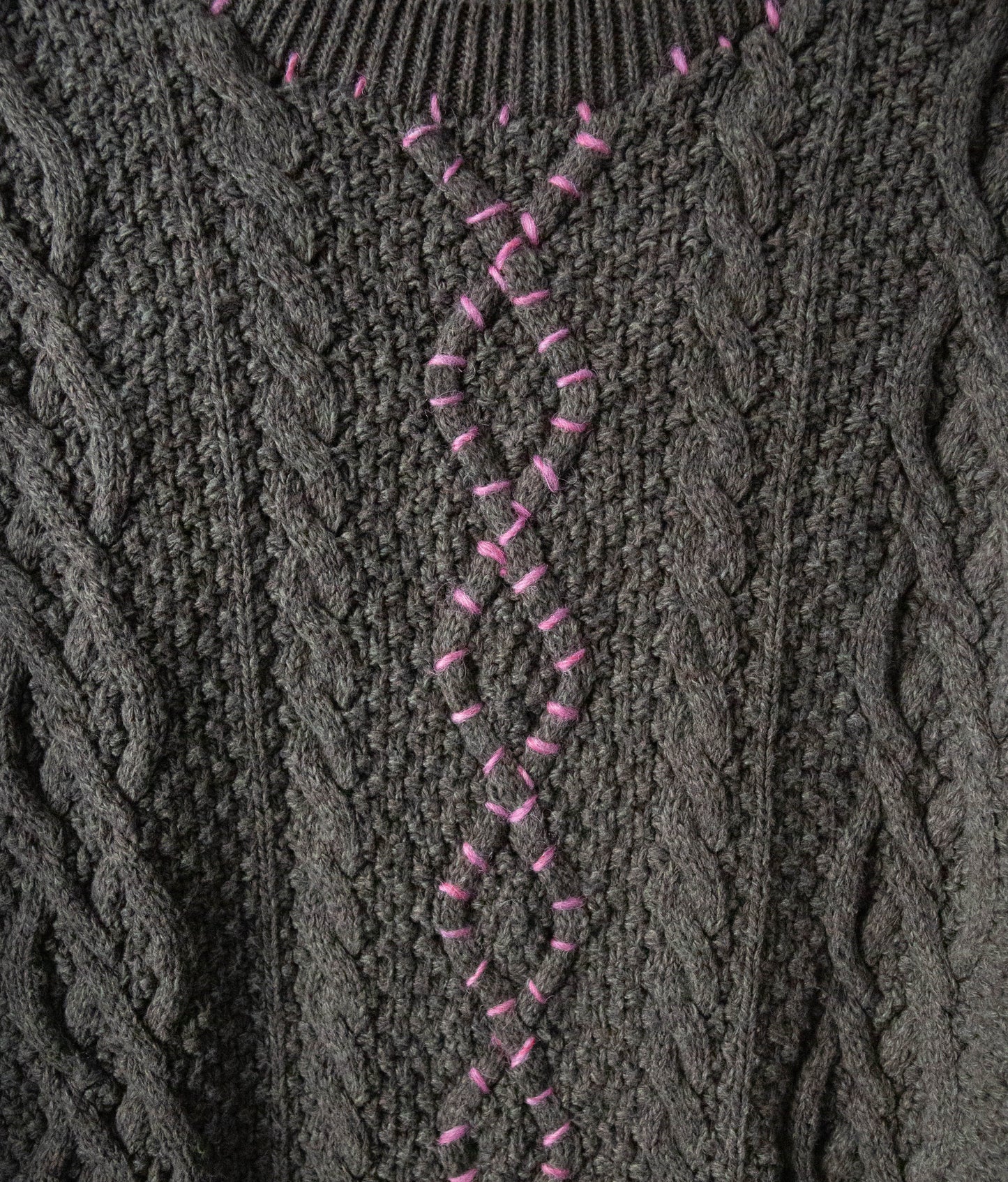 Pink Stitched Cotton Cableknit Crew Sweater, Large