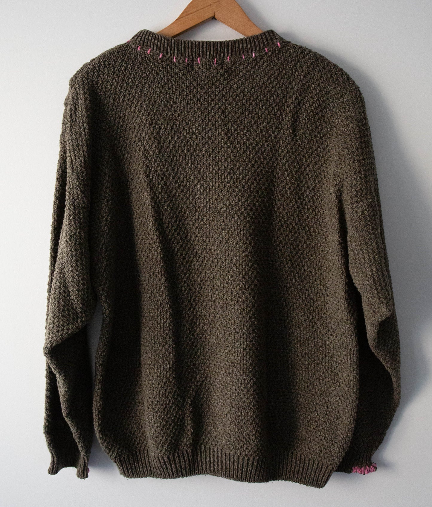 Pink Stitched Cotton Cableknit Crew Sweater, Large
