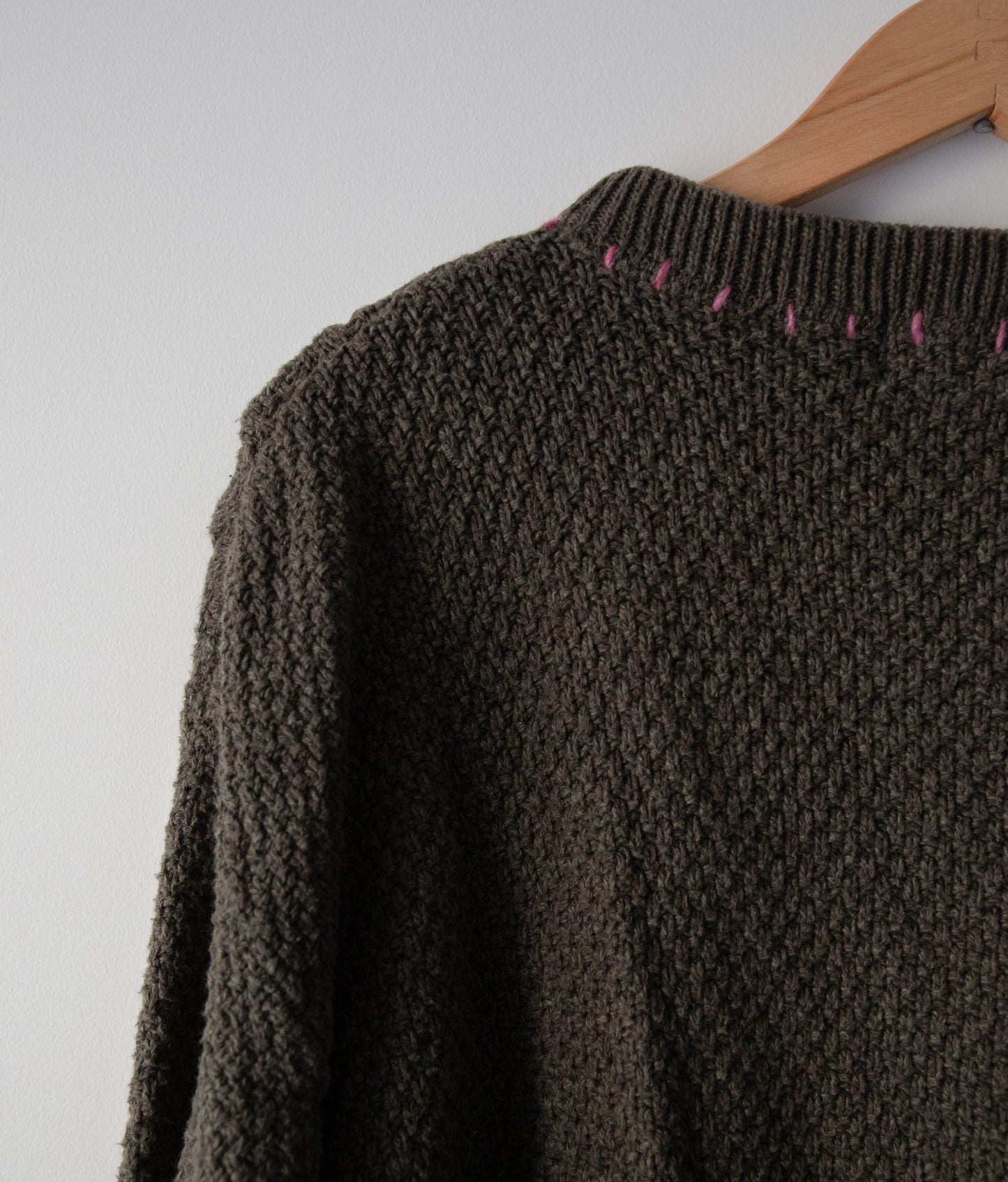 Pink Stitched Cotton Cableknit Crew Sweater, Large