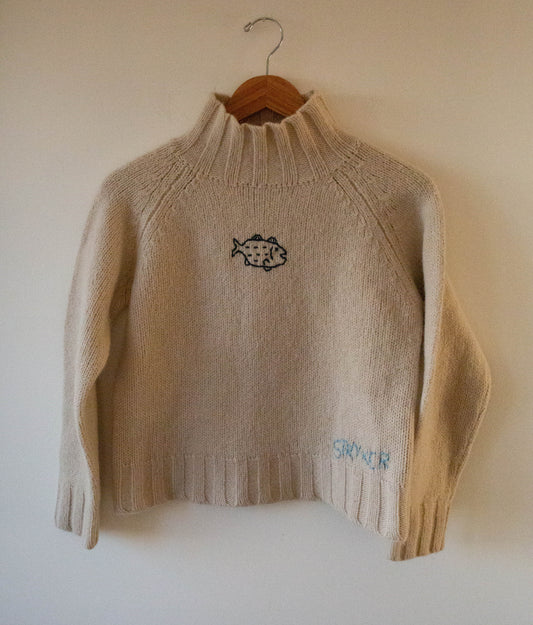 Cream Mock Neck Boxy Fish Sweater, Small