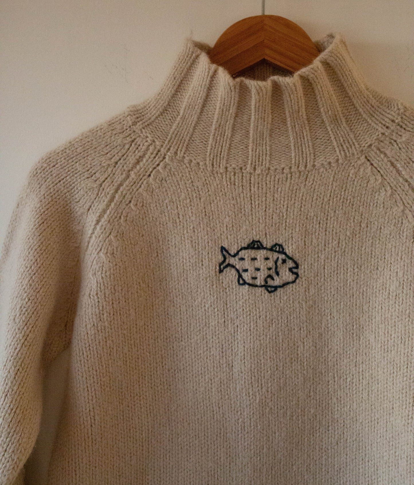 Cream Mock Neck Boxy Fish Sweater, Small