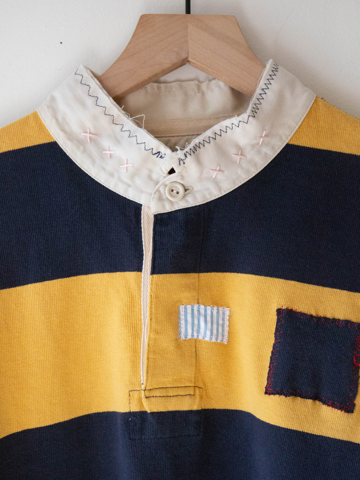 Upcycled Rugby Shirt, Blue + Gold Stripe, Large
