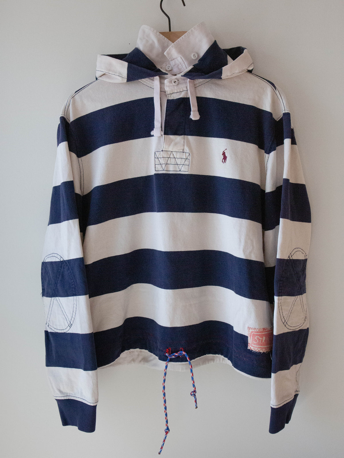 Upcycled Hooded Rugby Shirt, Blue + White, XL