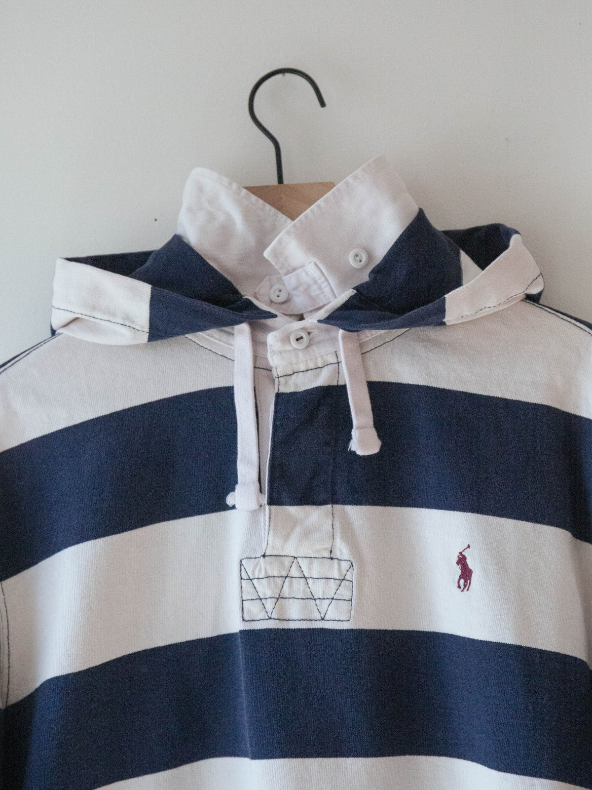 Upcycled Hooded Rugby Shirt, Blue + White, XL