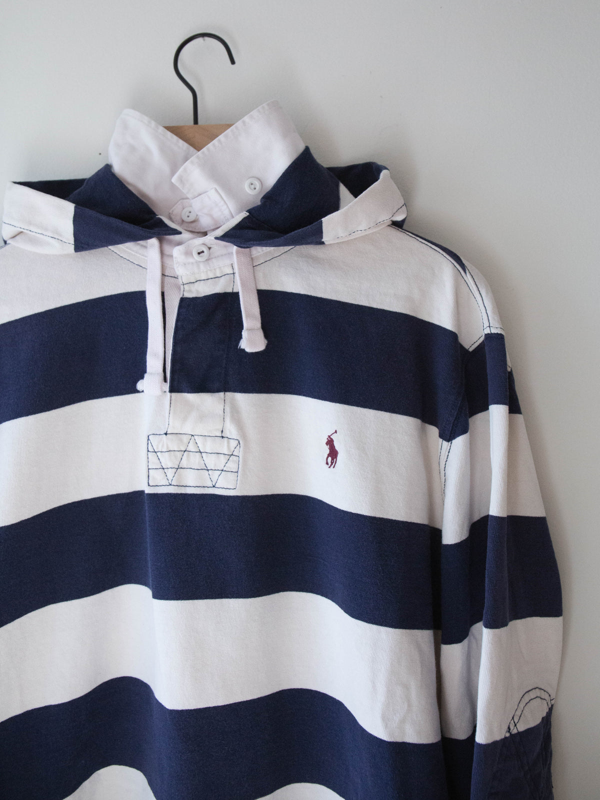 Upcycled Hooded Rugby Shirt, Blue + White, XL