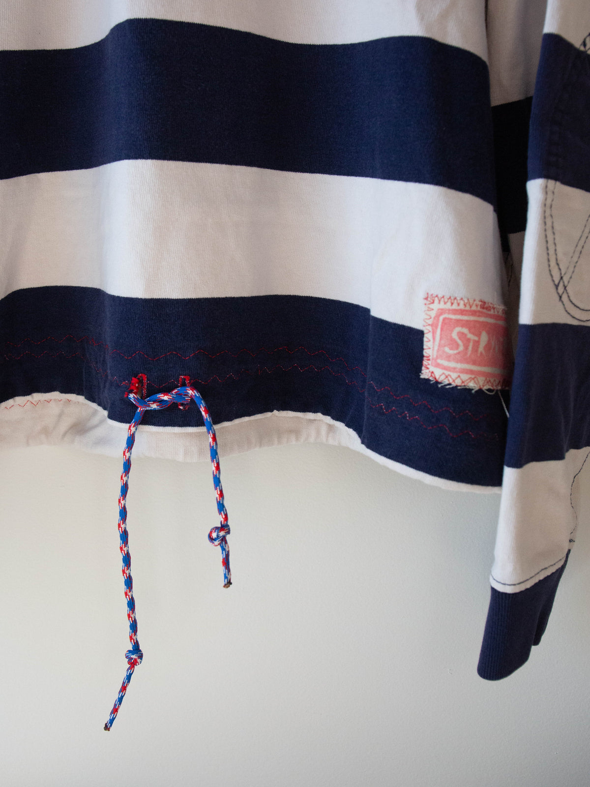 Upcycled Hooded Rugby Shirt, Blue + White, XL