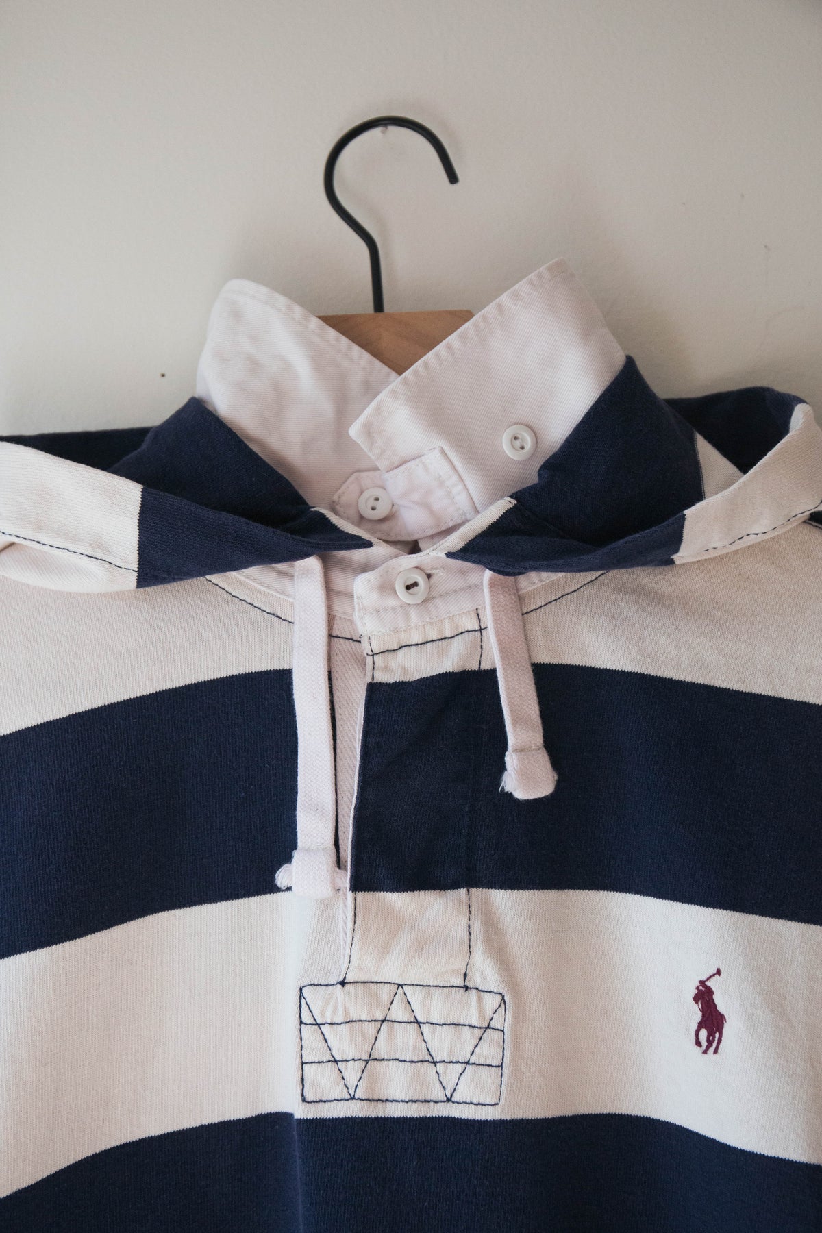 Upcycled Hooded Rugby Shirt, Blue + White, XL