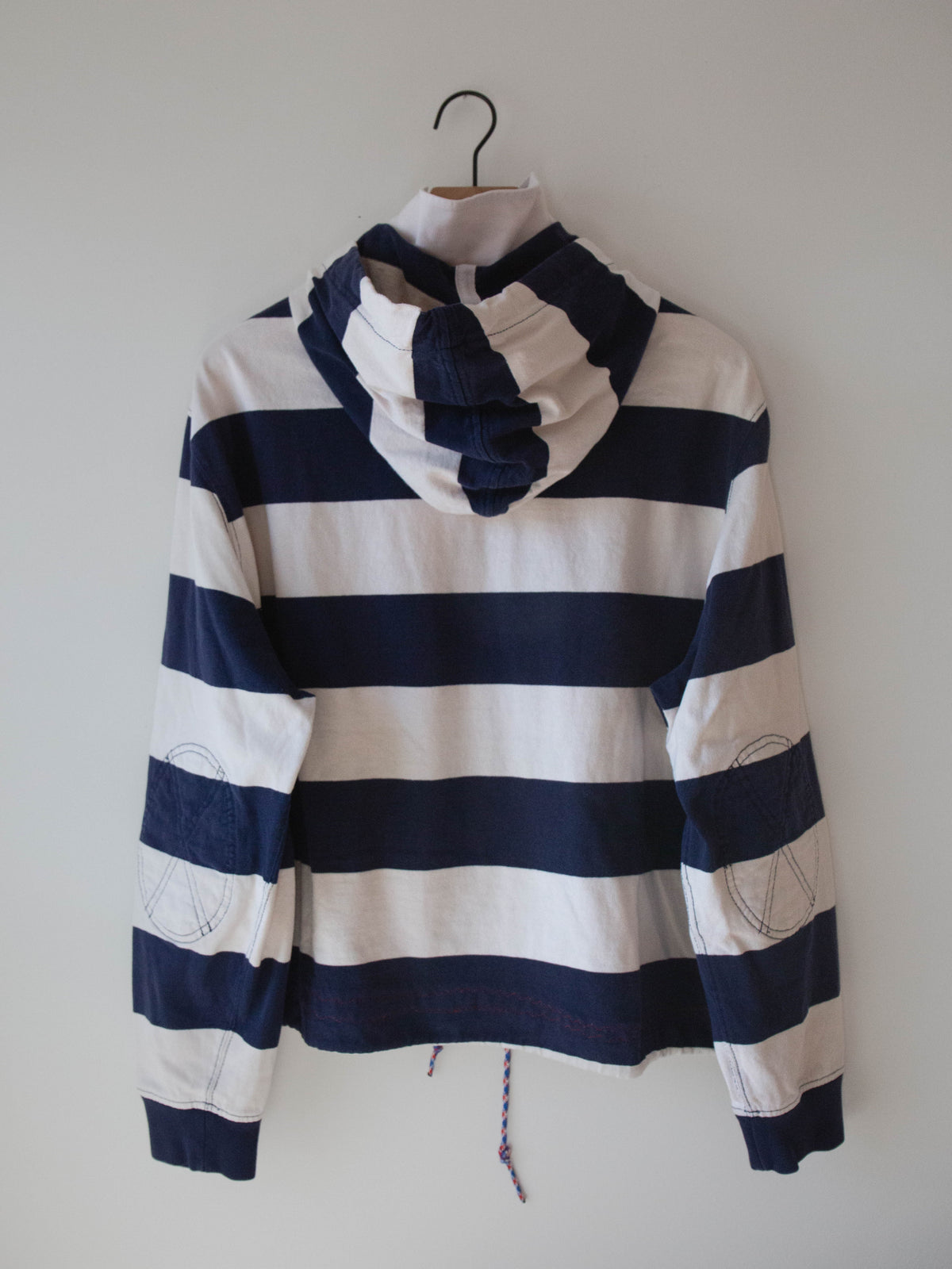 Upcycled Hooded Rugby Shirt, Blue + White, XL