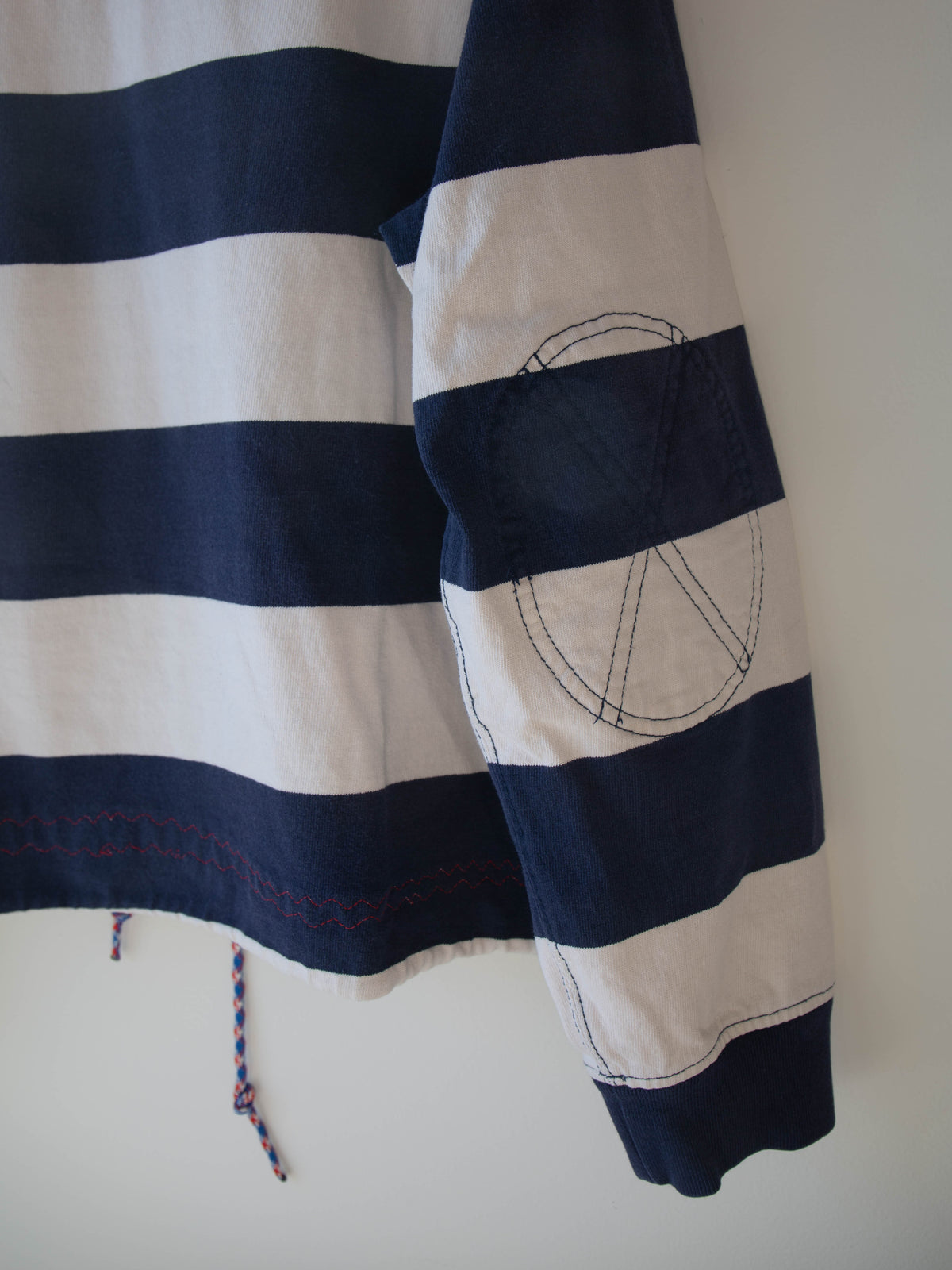 Upcycled Hooded Rugby Shirt, Blue + White, XL